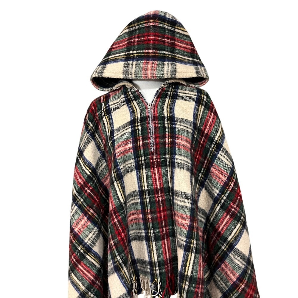 Vintage Plaid‎ Hooded Poncho Cape Fringe Zip Front Made in Colombia - Picture 2 of 11